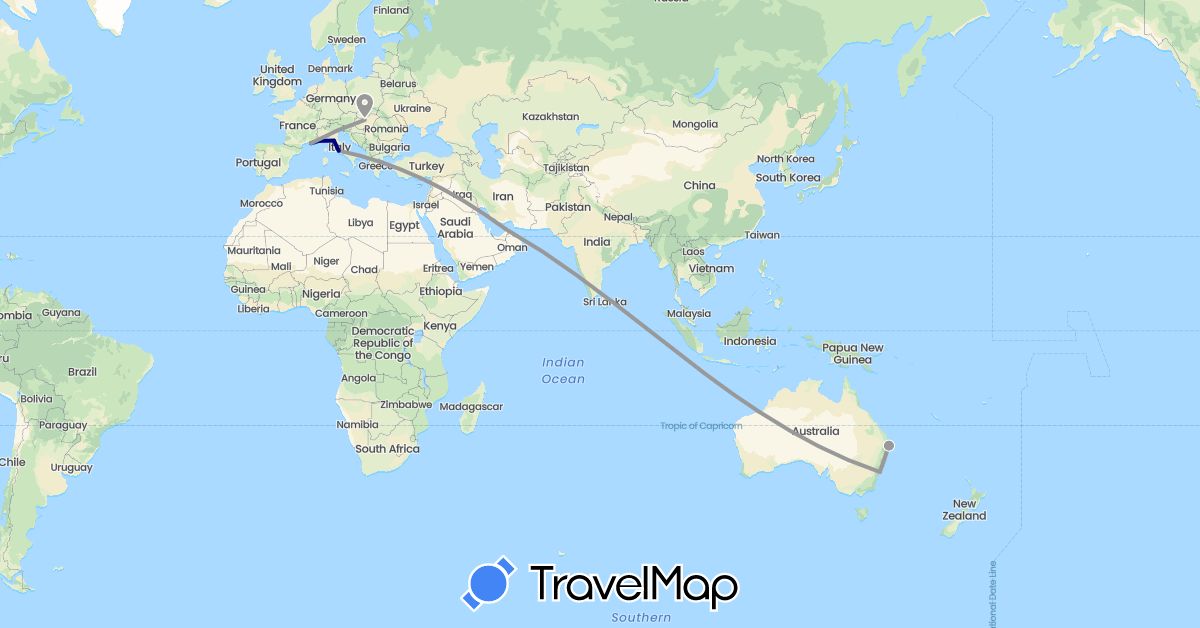 TravelMap itinerary: driving, plane in United Arab Emirates, Australia, France, Hungary, Italy, Monaco (Asia, Europe, Oceania)